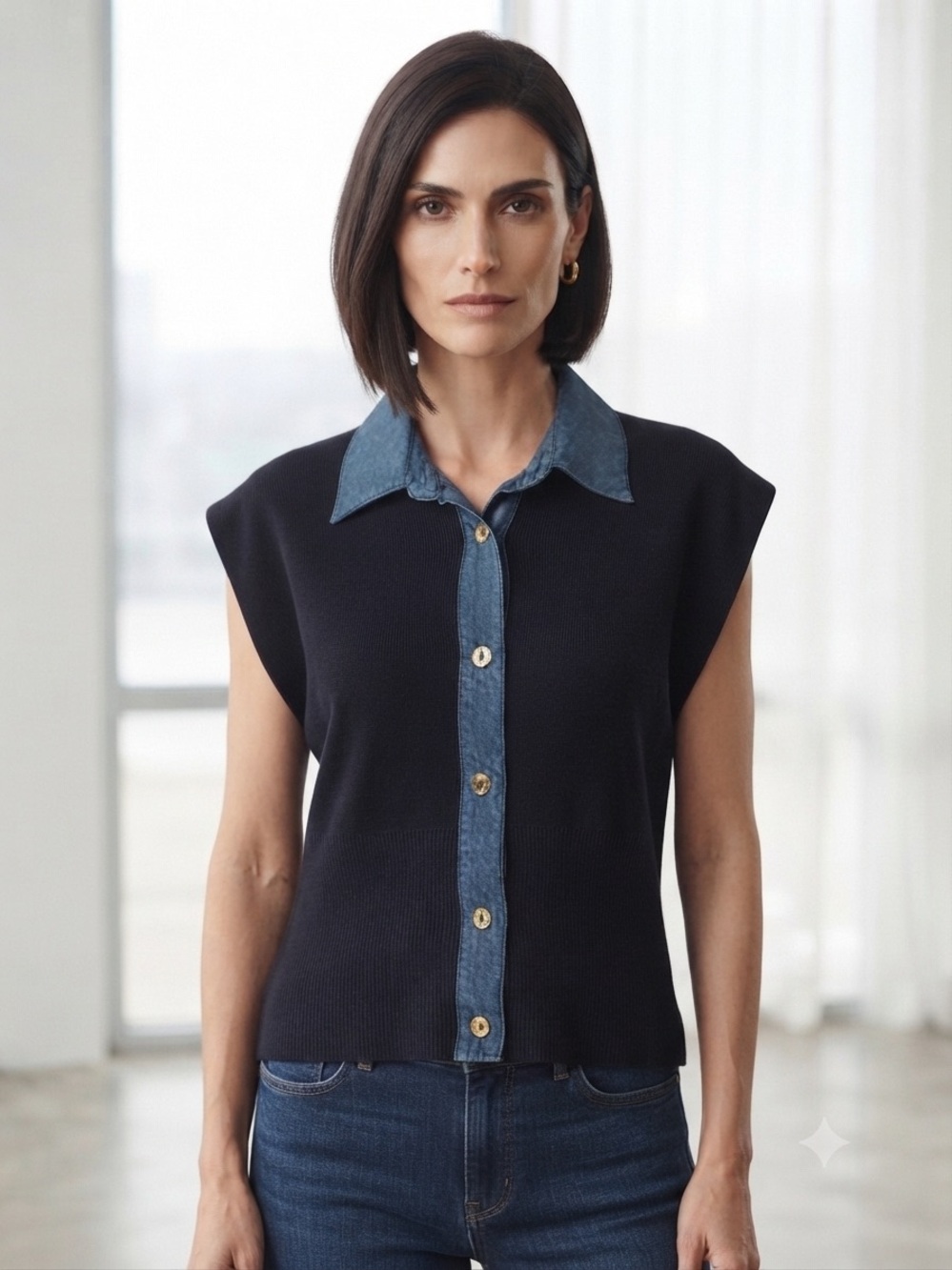 Maeve Anthropologie Navy Knit Sweater with Denim Collar Cap Sleeve Button Down